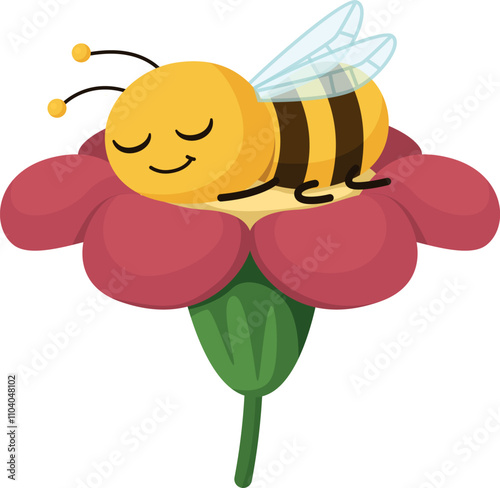 A cartoon bee is sleeping on a flower