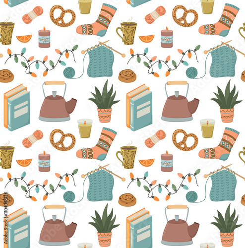 Seamless pattern with hygge mood things. Cute background with cozy items