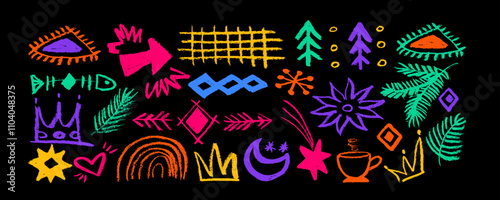 Set of minimalistic geometric Christmas elements in flat and linear style. Abstract Xmas decoration. Merry Christmas and Happy New year  cards with  stars, christmas tree, crown, heart, moon, grid 