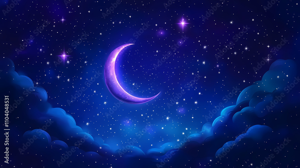 Deep blue space background with purple stars and a crescent moon, cosmos, cosmic landscape, universe, galaxy, starry night. Cosmic. Illustration Deep blue space background with purple stars and a crescent moon, cosmos, cosmic landscape, universe, galaxy, starry night. Cosmic. Illustration