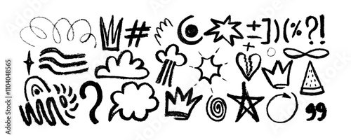 Set of hand drawn  charcoal doodle shapes and squiggles in punk style. Crown, star,  eye, emoji, arrow, heart and grid doodle collage elements.