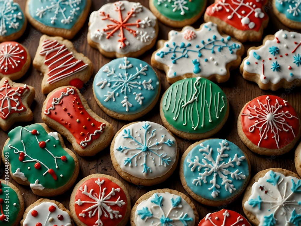 A tempting array of Christmas cookies, decorated with bright icing. A tempting array of Christmas cookies, decorated with bright icing.