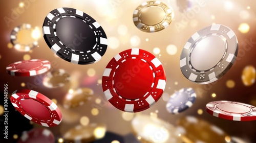 Colorful casino chips falling against a sparkling background. photo