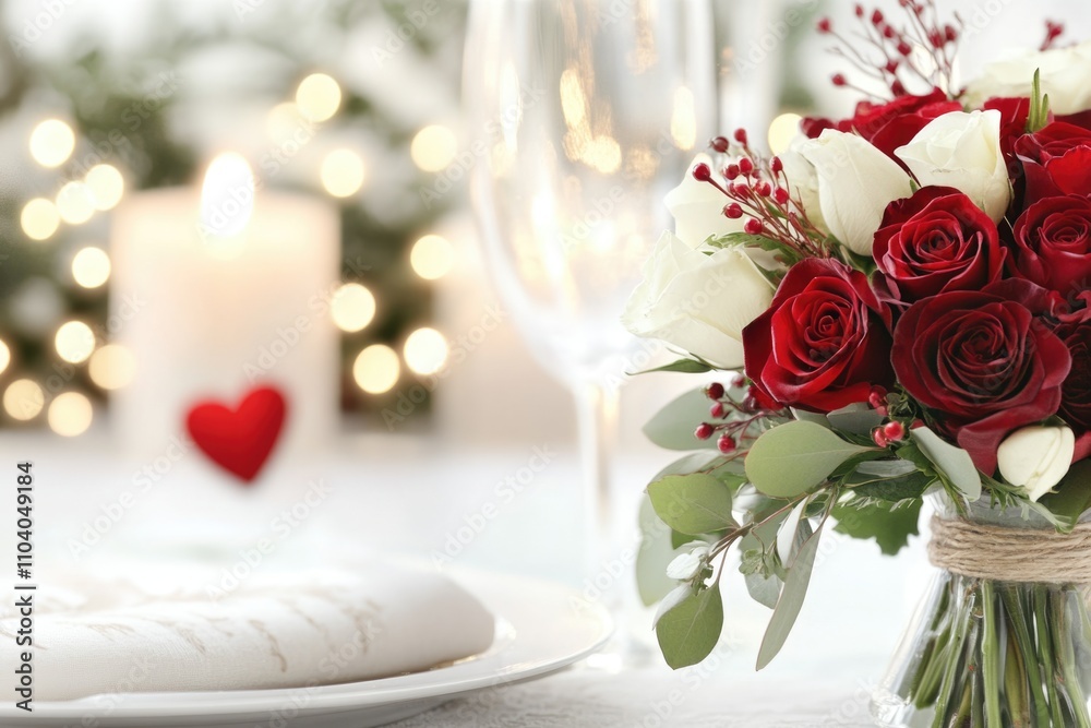 Obraz premium Rose bouquet in a romantic candle light setting table. ai generated