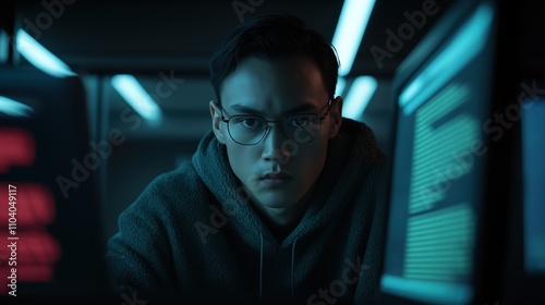 Focused programmer in dark room with neon lighting and computer screens