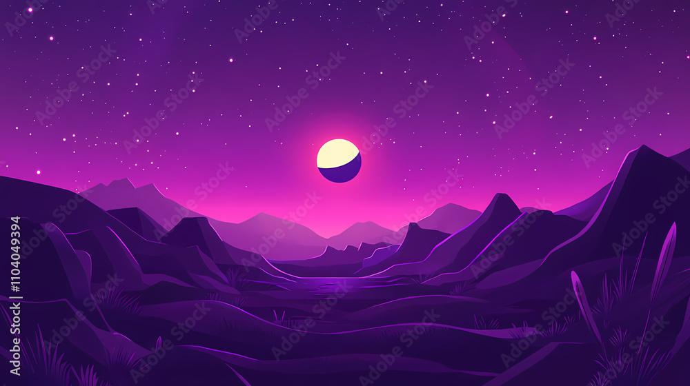 Fototapeta premium Purple starry landscape with a solar eclipse happening at the horizon, deep space, cosmic scene, landscape. Cosmic. Illustration