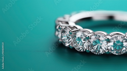 Close-up of a diamond ring with a series of round-cut diamonds set in a silver band against a teal background, highlighting the brilliance and clarity of the gemstones. photo