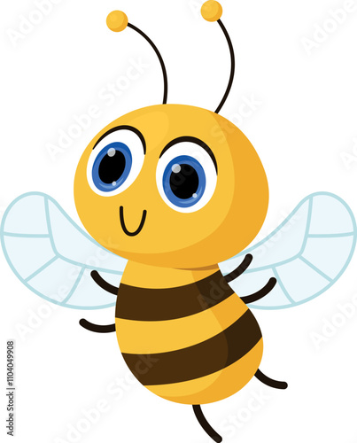 A cartoon bee with its wings spread out and a smile on its face