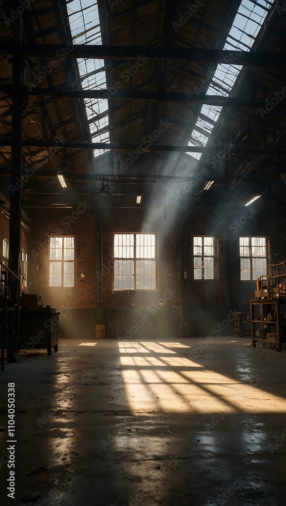 A tranquil factory space with beams of sunlight highlighting the industrial atmosphere. A tranquil factory space with beams of sunlight highlighting the industrial atmosphere.