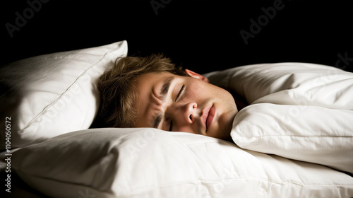 Person lying in bed with troubled expression, eyes closed, surrounded by soft pillows, symbolizing sleep disorder and restlessness.