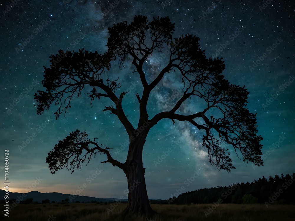A tree reaching for the stars in a starry night sky. A tree reaching for the stars in a starry night sky.