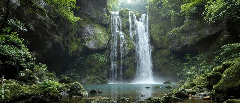 Fototapeta premium Distorted image of a waterfall amidst dense foliage with moss and lichen growing on the rocks, foliage, lichen