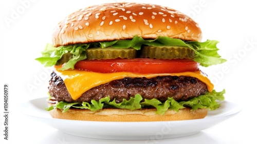 Juicy cheeseburger on a sesame seed bun with lettuce, tomato, and pickles, served on a white plate. (1)