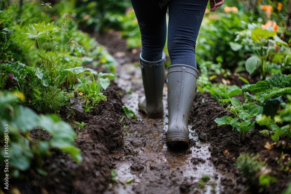 A person walks through a muddy path wearing rain boots, with a focus on the terrain and footwear A person walks through a muddy path wearing rain boots, with a focus on the terrain and footwear
