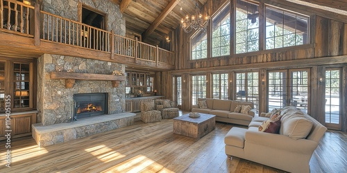 Cozy wooden living room with large windows and rustic decor in a mountain cabin retreat