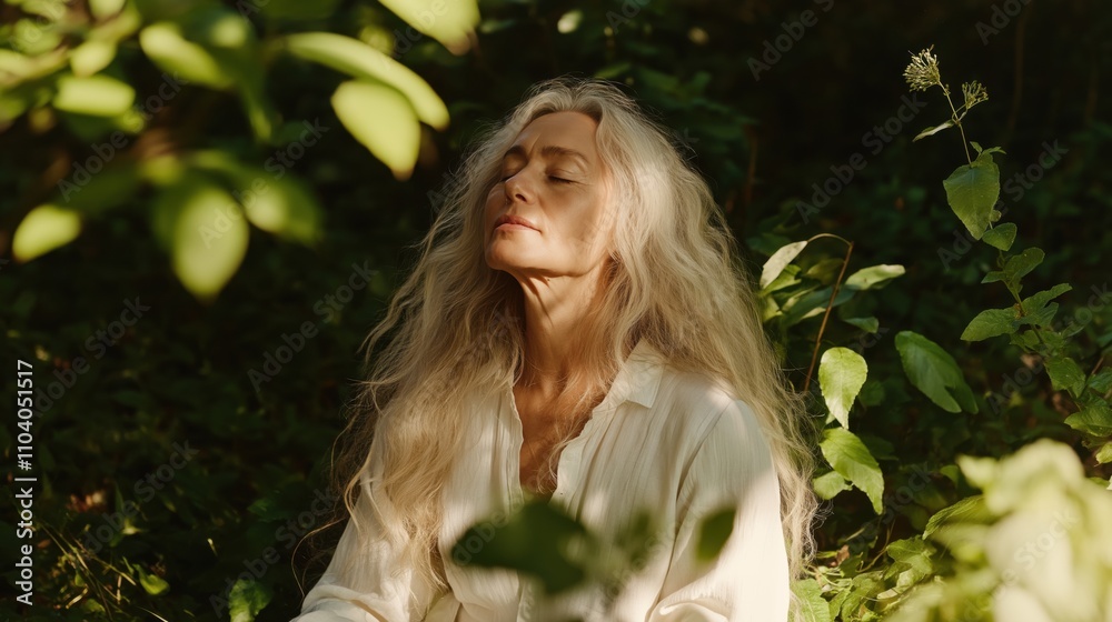 Serene elderly woman with long hair meditating in nature's embrace Serene elderly woman with long hair meditating in nature's embrace
