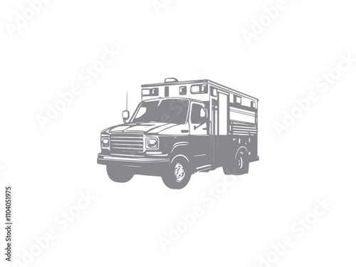 A black and white silhouette of a ambulance icon. Black ambulance icon on white background.