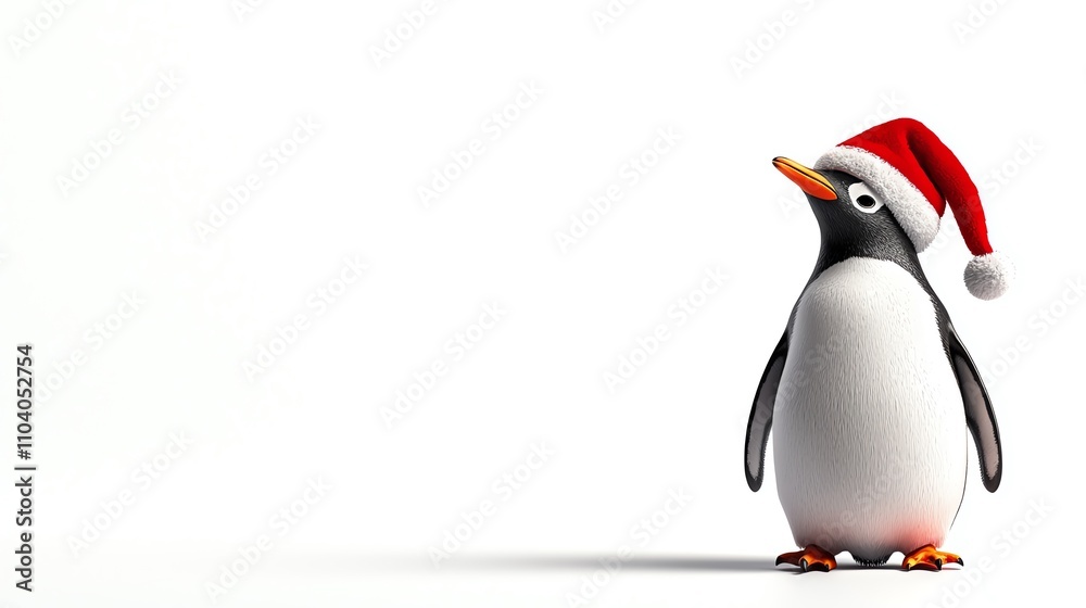 Fototapeta premium Penguin wearing Santa hat, white isolate background