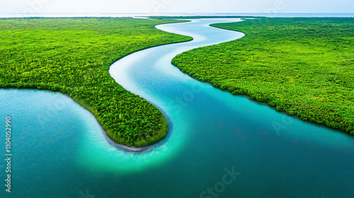 Landscape background Aerial view of winding lake surrounded by lush greenery and vibrant water. serene landscape showcases beauty of nature with its rich colors and flowing shapes