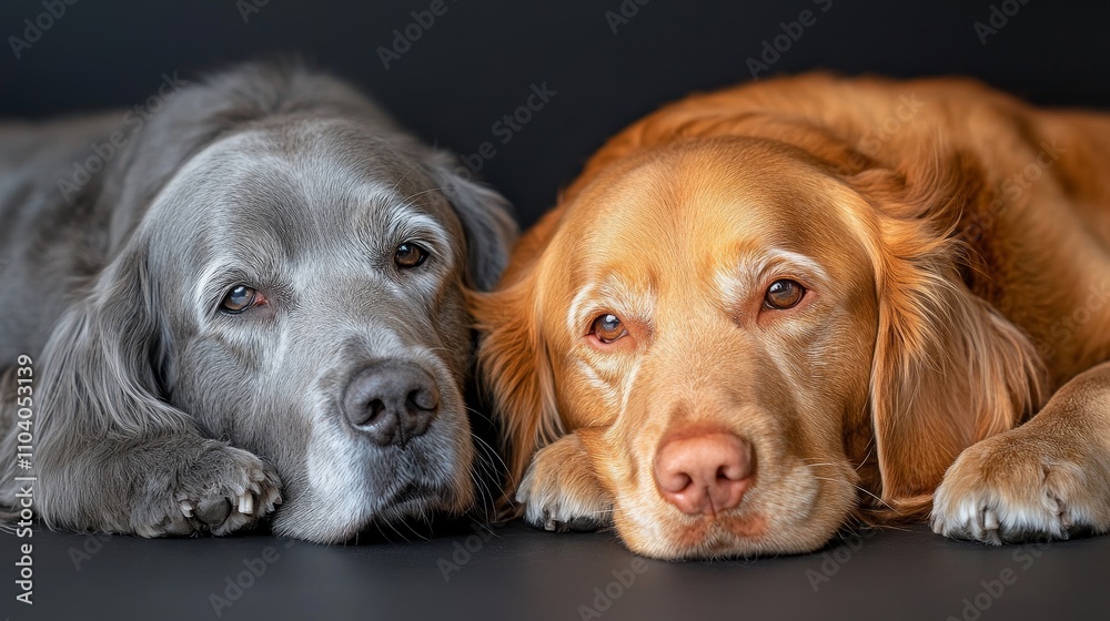 Two dogs, one gray and one golden, resting closely together on a dark background. Two dogs, one gray and one golden, resting closely together on a dark background.