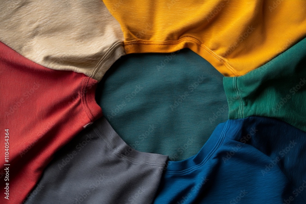 Vibrant Multicolored Sweatshirts Arranged in a Circular Pattern Displaying Texture and Style Vibrant Multicolored Sweatshirts Arranged in a Circular Pattern Displaying Texture and Style