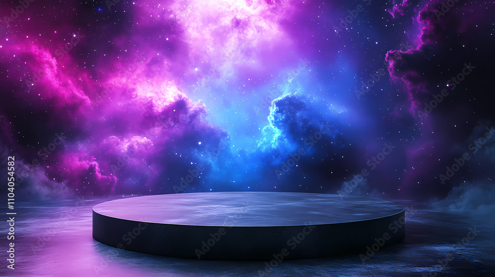 A round podium on the floor of an empty room, cosmic background with galaxies and nebulae, purple blue pink colors, futuristic scene. cosmic. illustration. Cosmic. Illustration A round podium on the floor of an empty room, cosmic background with galaxies and nebulae, purple blue pink colors, futuristic scene. cosmic. illustration. Cosmic. Illustration