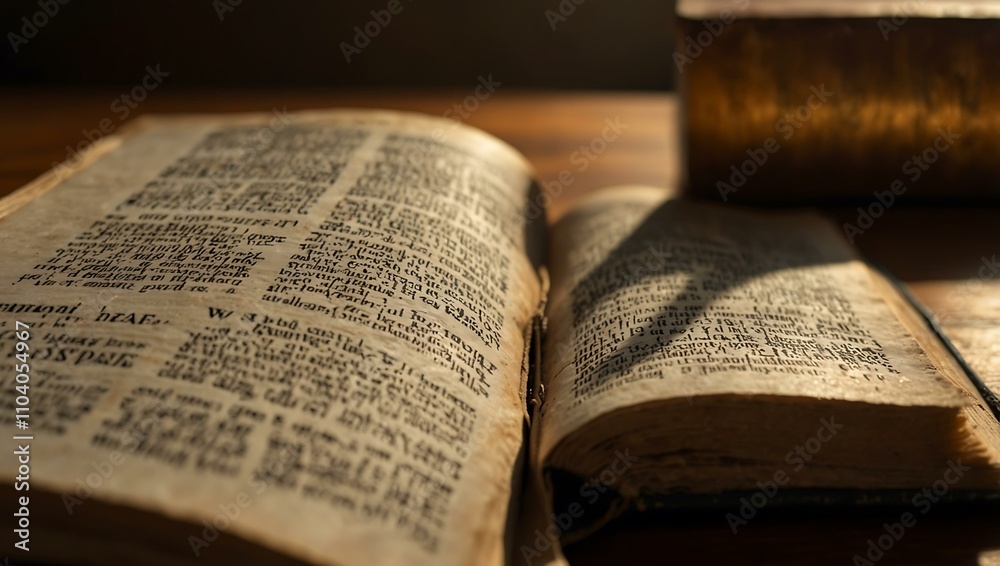 Fototapeta premium A well-worn Bible opened to a bookmarked page, with soft light filtering through.