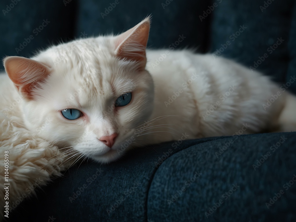 Obraz premium A white cat with blue eyes sleeping on a dark blue couch.
