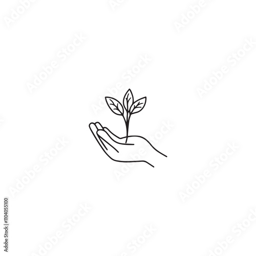 Hands holding soil with tree flat line icon. ecology concept logo.  plant growing emblem . vector illustration