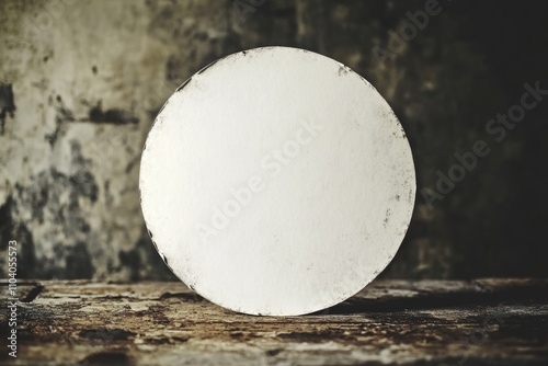 A white circular object sits atop a wooden table, perfect for use in interior design or product photography