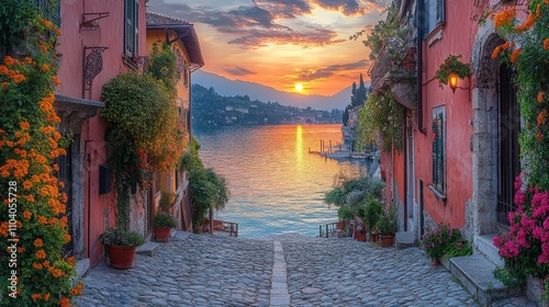 A picturesque sunset over a serene lake, framed by vibrant flowers and charming architecture.