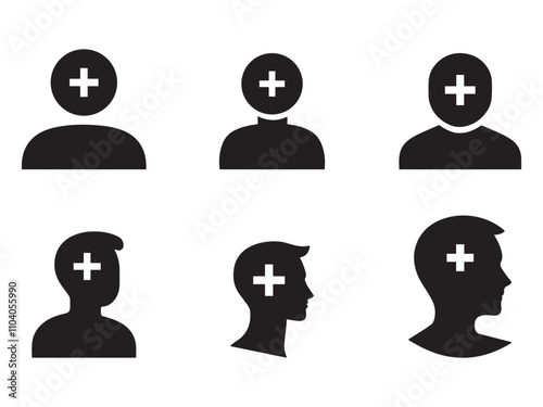 Add user vector flat icon set. Person profile with plus symbol. vector illustration