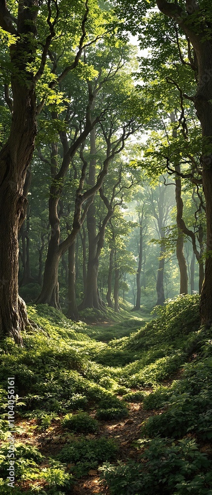 Dense undergrowth and shrubbery in a forest clearing, forest habitat, shrubbery, forest environment, forest floor cover, leafy greens Dense undergrowth and shrubbery in a forest clearing, forest habitat, shrubbery, forest environment, forest floor cover, leafy greens