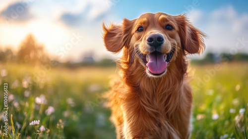 Happy golden retriever running in a sunny field during late afternoon
