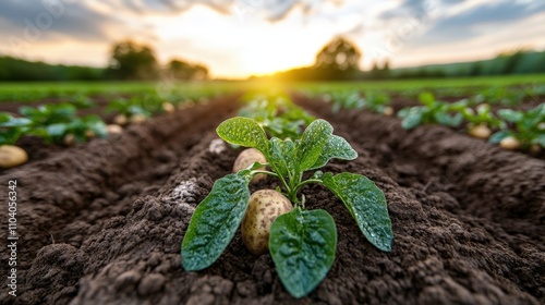 Fresh potatoes sprouting in a lush field under a glowing sunset create a peaceful scene, evoking feelings of growth and connection to nature's bounty.