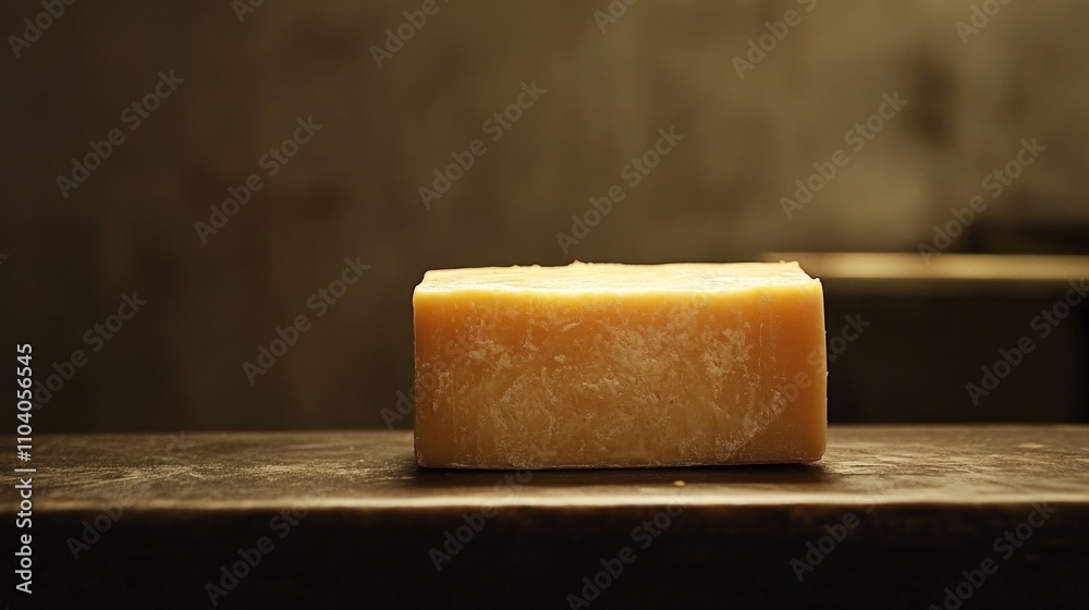 Fototapeta premium Close-up of a block of pale yellow cheese on a dark wooden surface.
