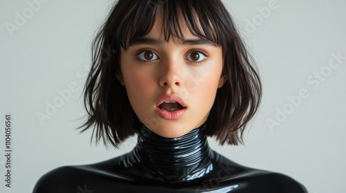 Close-up portrait of a young woman with dark hair and surprised expression, wearing a black latex turtleneck.