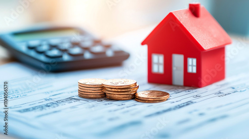 calculator, coins, and small red house model on property assessment forms create financial planning scene. This conveys importance of property tax assessment