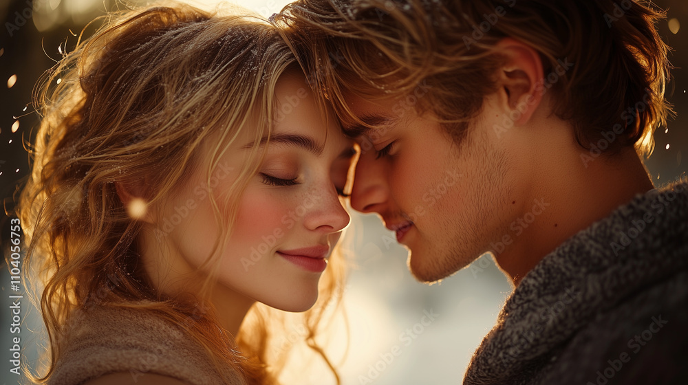 Young couple sharing a tender moment with foreheads touching in a softly lit winter setting Young couple sharing a tender moment with foreheads touching in a softly lit winter setting