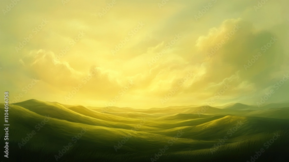 Serene sunset over rolling green hills and soft clouds. Serene sunset over rolling green hills and soft clouds.