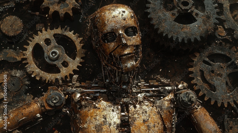 Rusty Robot Surrounded by Gears and Mechanical Components Rusty Robot Surrounded by Gears and Mechanical Components