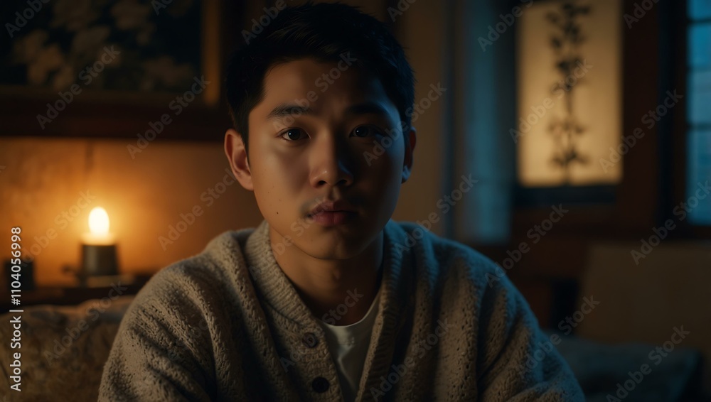 Fototapeta premium A young Asian man sits in a cozy room, evoking introspection with soft lighting.