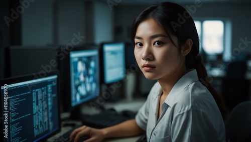 A young Asian female software developer surrounded by multiple computer monitors. Free Download A young Asian female software developer surrounded by multiple computer monitors. - GFXLoad