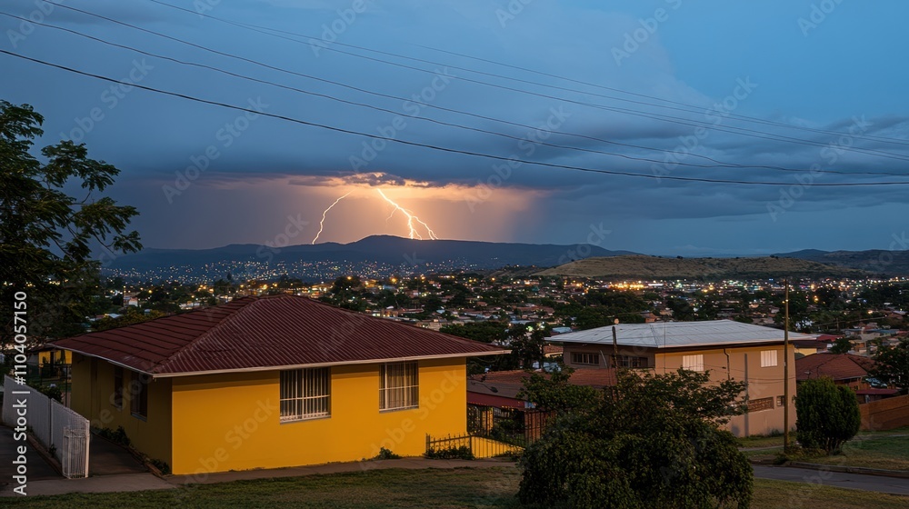 Lightning storm over suburban houses and hills at dusk. Lightning storm over suburban houses and hills at dusk.
