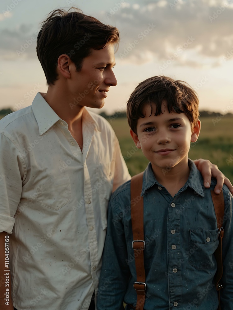 A young boy standing beside a man in an open field, a moment of trust. A young boy standing beside a man in an open field, a moment of trust.