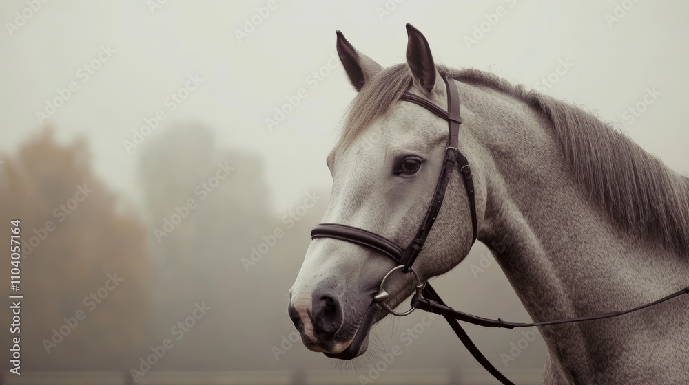 Fototapeta premium Andalusian Horse in a Mist. Beautiful Closeup of Grey Horse Stud in Elegant Pose