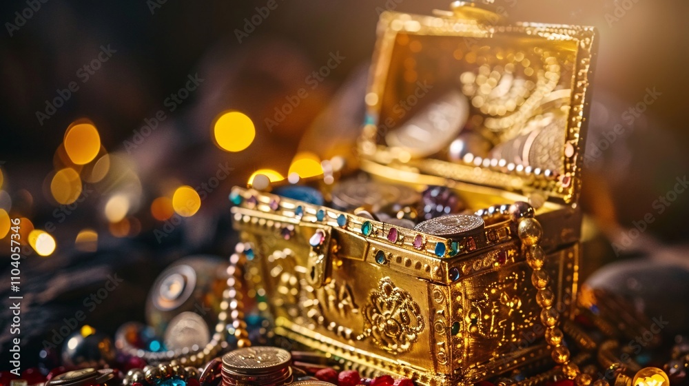 A magnificent treasure chest overflowing with a dazzling array of jewels gems and precious ornaments The chest is adorned with intricate designs and is a true representation of wealth luxury A magnificent treasure chest overflowing with a dazzling array of jewels gems and precious ornaments The chest is adorned with intricate designs and is a true representation of wealth luxury