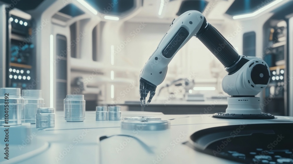 Robotic arm manipulating objects in a futuristic laboratory setting. Robotic arm manipulating objects in a futuristic laboratory setting.