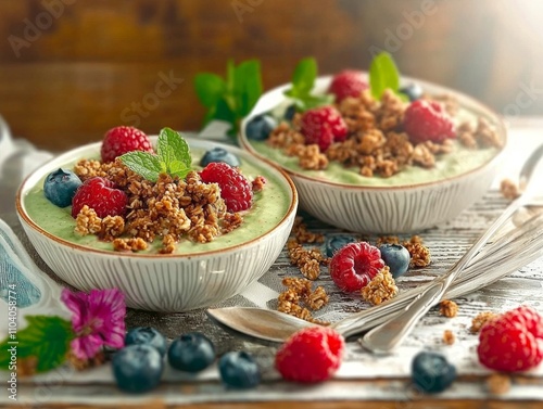 Colorful smoothie bowl adorned blueberries raspberries and granola sits invitingly tropical themed table basking soft morning sunlight.