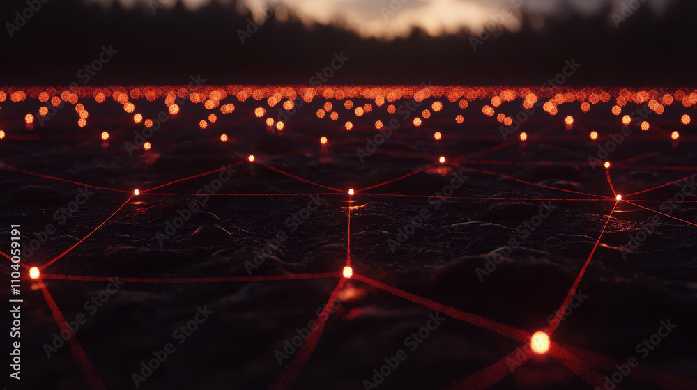 Glowing red network of lights on dark surface at dusk Glowing red network of lights on dark surface at dusk